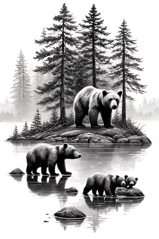 Trees Over A Lake With An Adult Bear And Two Baby Bears