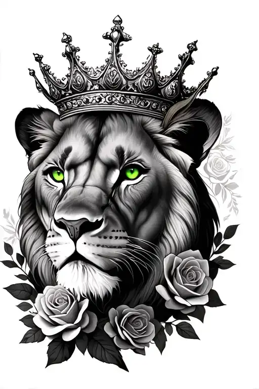 Lioness With Green Eyes And A Regal Crown Surrounded With Roses