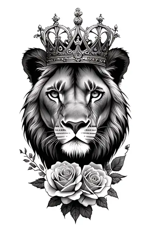 Lioness With Hazel Eyes And A Regal Crown Surrounded With Roses