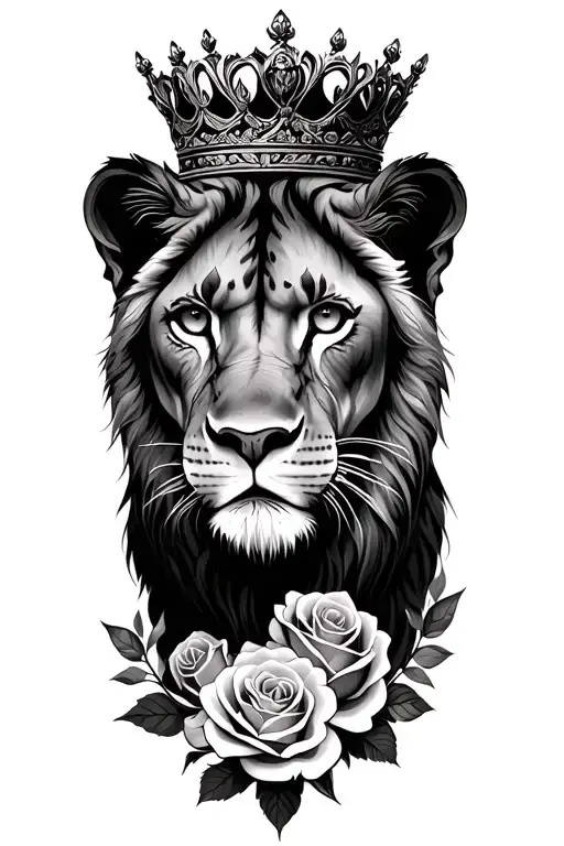 Female Lioness With Hazel Eyes And A Regal Crown Surrounded With Roses