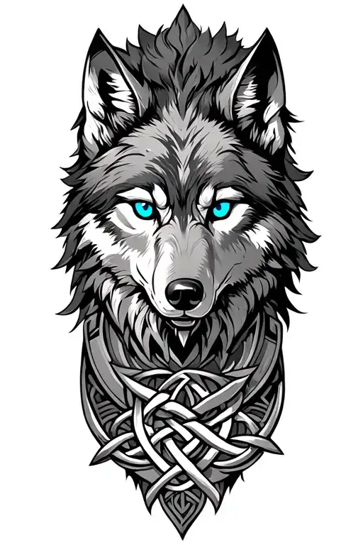 Wolf With Blue Eyes On Armor Tattoo Design Featuring Celtic Trinity Knot