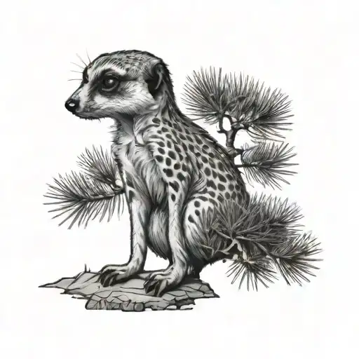 Small Meerkat Standing Tall Pine Tree