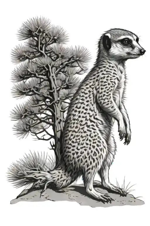 Small Meerkat Standing Tall Pine Tree