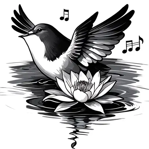 Small Dove With Music Notes And A Water Lilly Flower