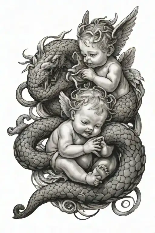 Baby Angels Fighting Serpent Coiled