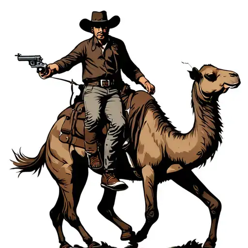 Cowboy Holding A Revolver Riding A Camel With A Cigarette In Its Mouth