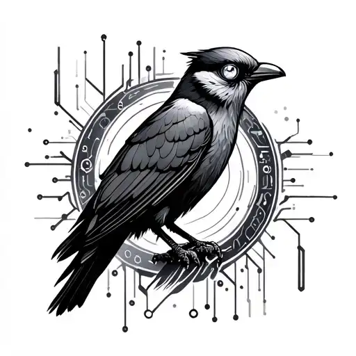 Rayven Bird With Diamond Eye Surrounded Sorrounded With Conputer And Data Patters