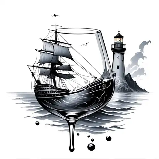 Wine Glass Spilling With A Ship And A Lighthouse
