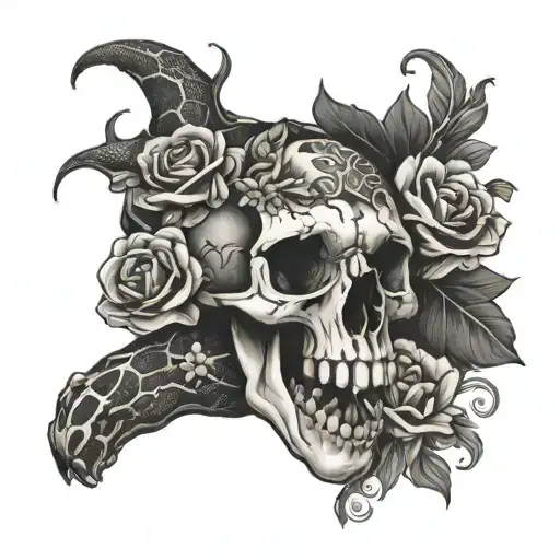Animal Skull With Snake And Flowers