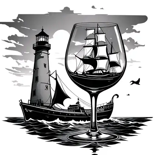Wine Glass Spilling With A Ship And A Lighthouse Standing Tall Amidst