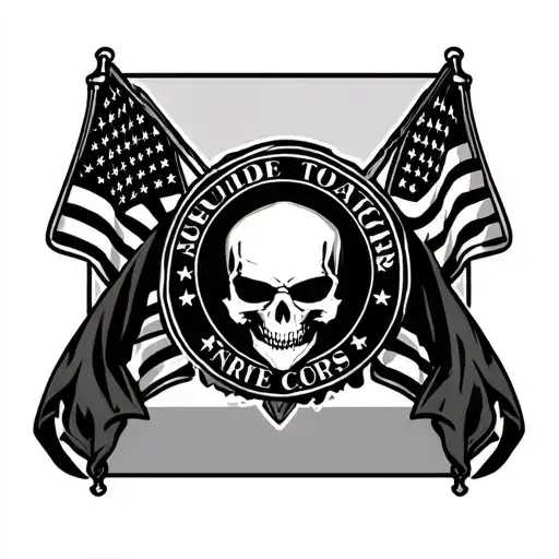 Hooded Reaper In Front Of Marine Corps Emblem Flanked By American Flag And Marine Corps Flag