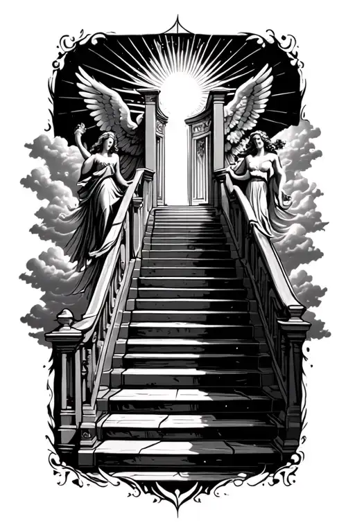 Stairway To Heaven Walking Up Stairs Angels Sun Rays Clouds Heaven Gate At The Top Of The Stairs