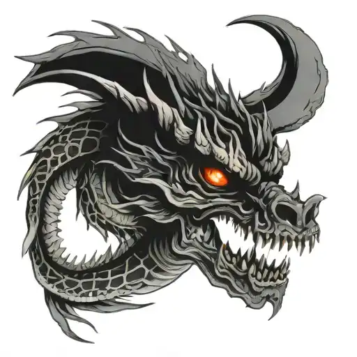 Black Japanese Dragon Skull Surrounded