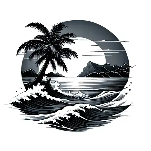 A Japanese Style Sunset With A Palm Tree In Front And Waves In The Foreground