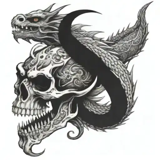 Black Japanese Dragon Skull Surrounded