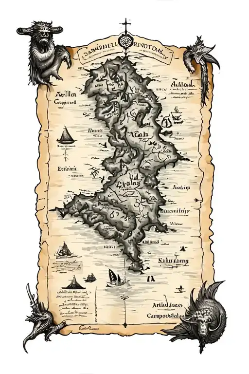Old Treasure Map Of Campobello Island With Mythical Creatures