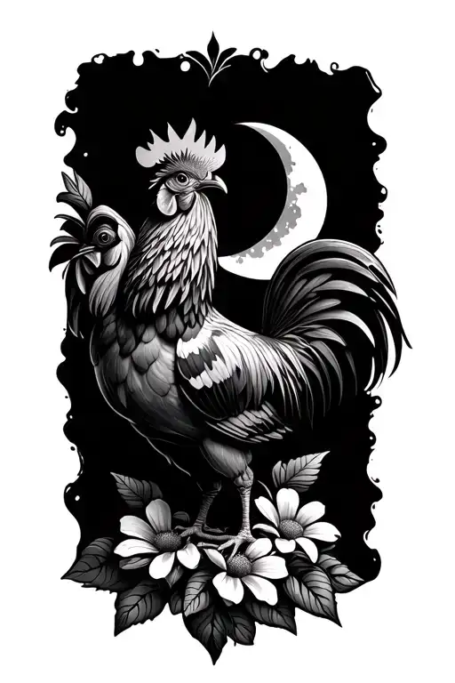 Rooster Standing On Flowers With A Crescent Moon