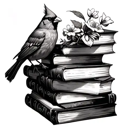 Cardinal On A Pile Of Books Growing As Flowers