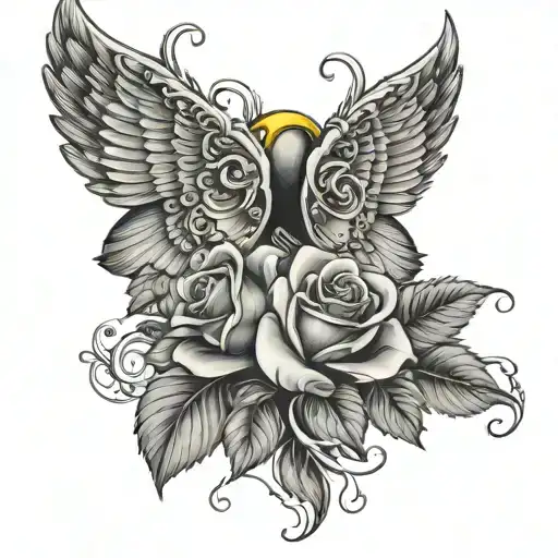 Angle Wings With Boxing Gloves And Yellow Roses