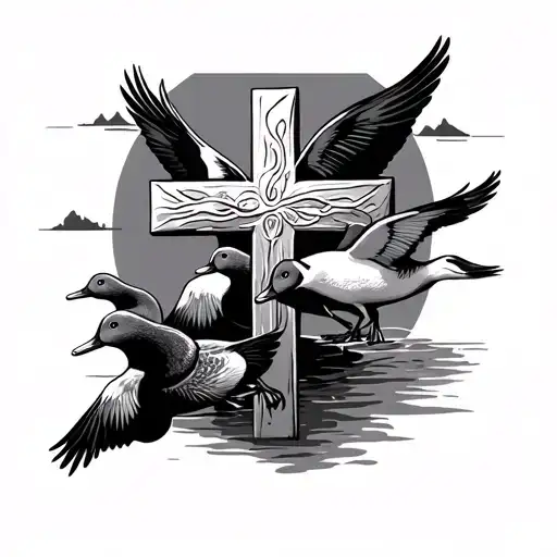 Three Crosses With Flying Ducks