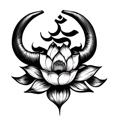 Om Tattoo With Bull Horns And Lotus Flower