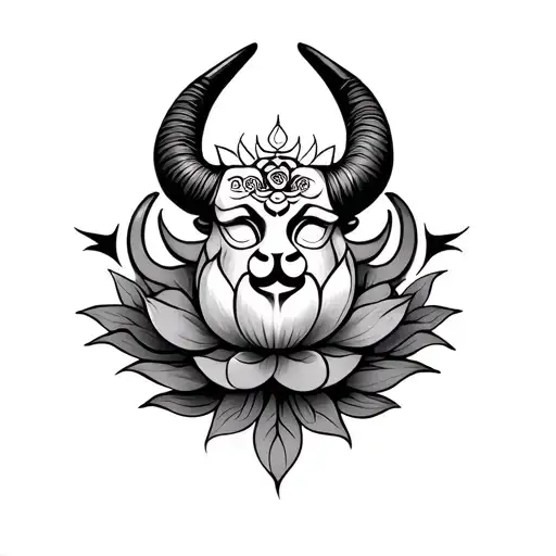 Om Tattoo With Bull Horns And Lotus Flower Roots