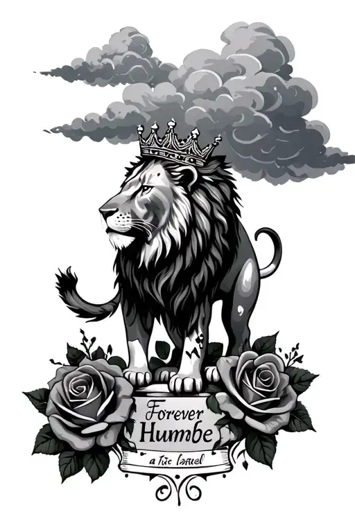 Clouds Top To Bottom With Roses And The Text Forever Humble And A Lion With A Crown With Injuries