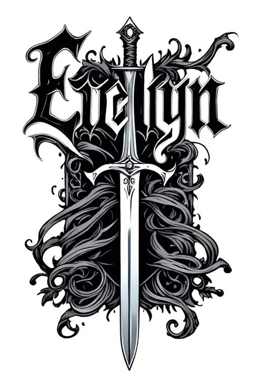The Name Evelyn In Gothic Font With A Gothic Sword Underneath It
