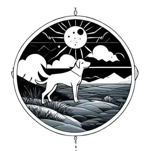 Geometric Design Featuring Nature And A Dog Representing Light And Dark With A Sun And Moon