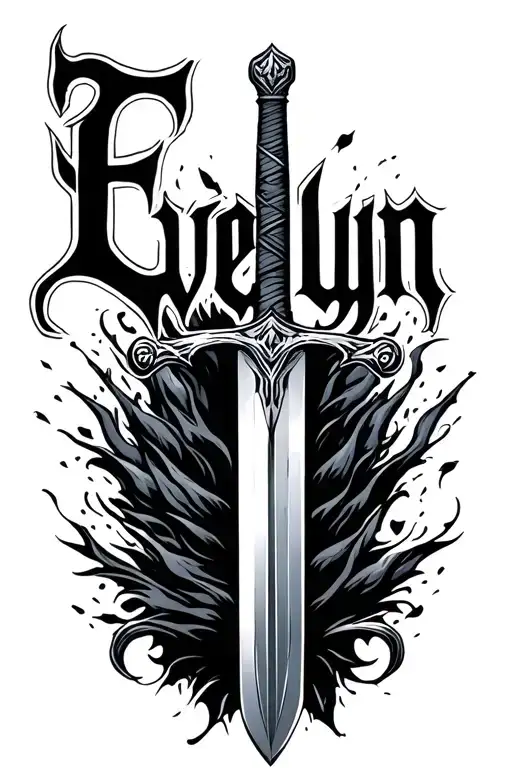 The Name Evelyn In Gothic Font With A Gothic Sword Underneath It With Short Handle