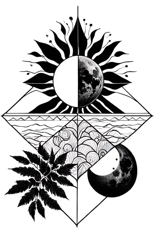 Geometric Design Featuring Nature Representing Light And Dark With A Sun And Moon