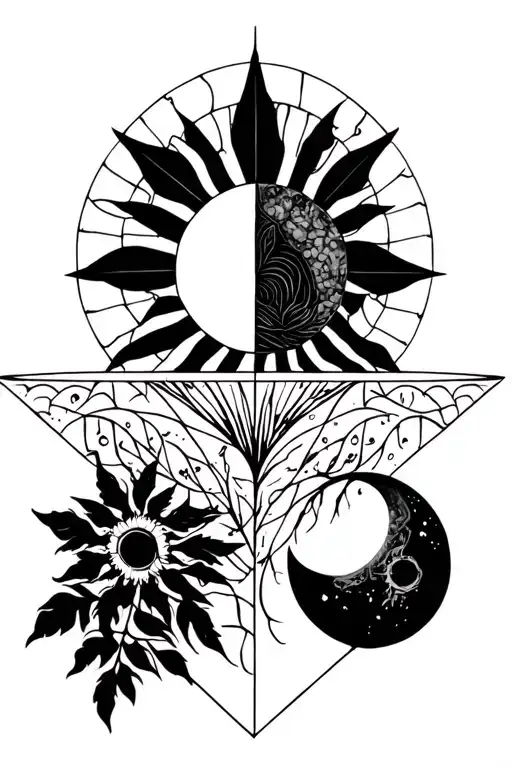 Geometric Design Featuring Nature Representing Light And Dark With A Sun And Moon