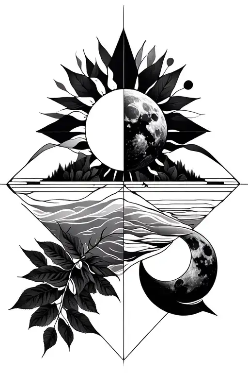 Geometric Design Featuring Nature Representing Light And Dark With A Sun And Moon