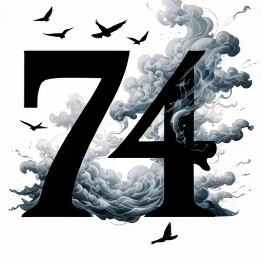 Number 74 With Smoke And Clouds And Birds