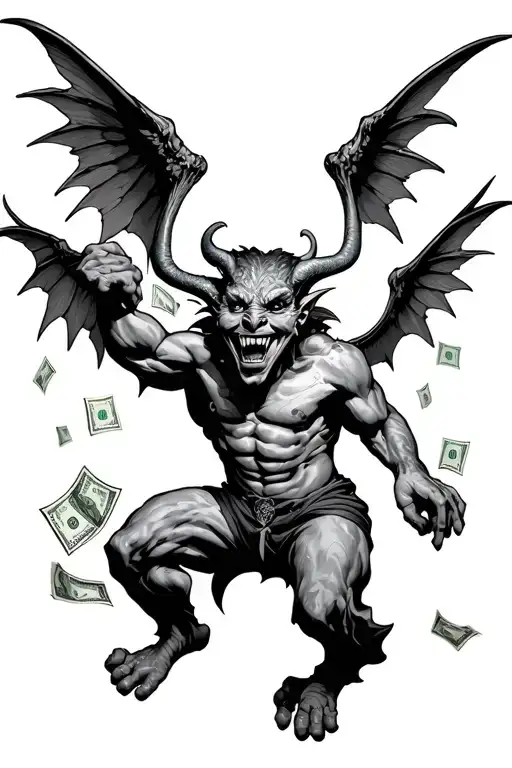 Demon With Four Wings Falling With A Smile And Money