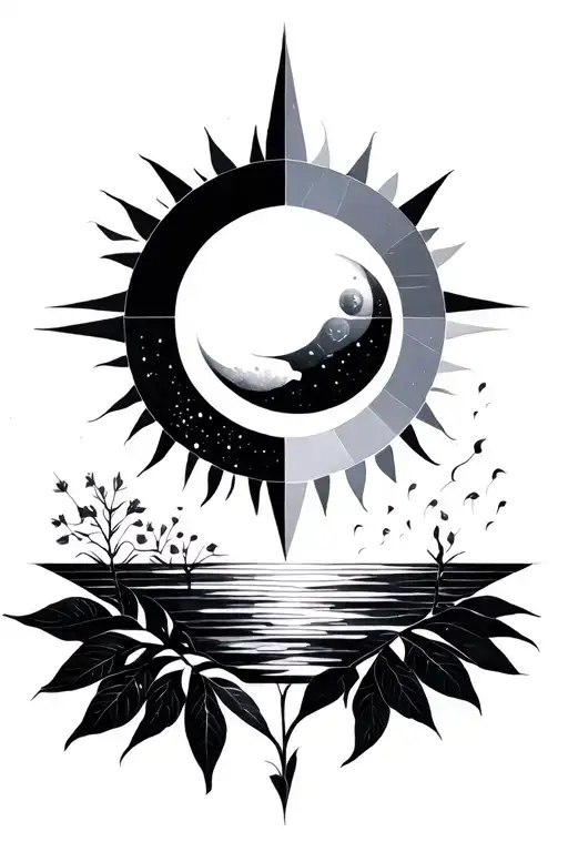 Geometric Design Featuring Nature Representing Light And Dark With A Sun And Moon