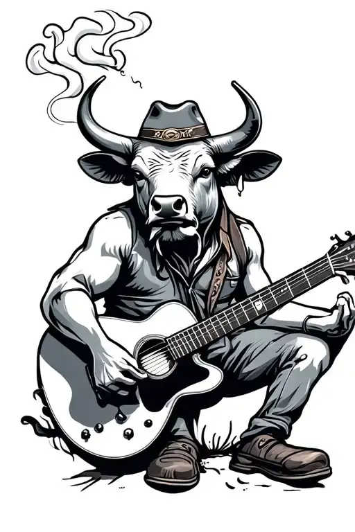 Western Bull Playing Guitar While Smoking A Cigarette