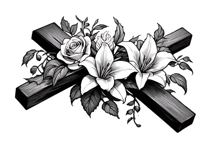 Holy Cross With Roses And Lillies