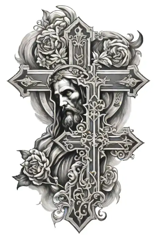 A Cross Surrounded With A Portrait Of God And San Jude Tadeo Facing Away From Each Other