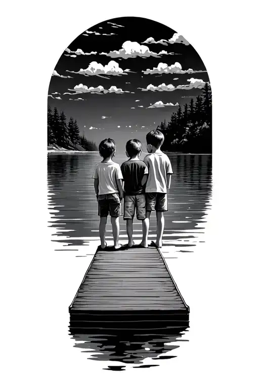 3 Kids Standing On Dock Extending Into A Serene