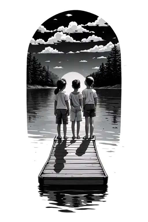3 Kids Standing On Dock Extending Into A Serene One Girl In The Middle