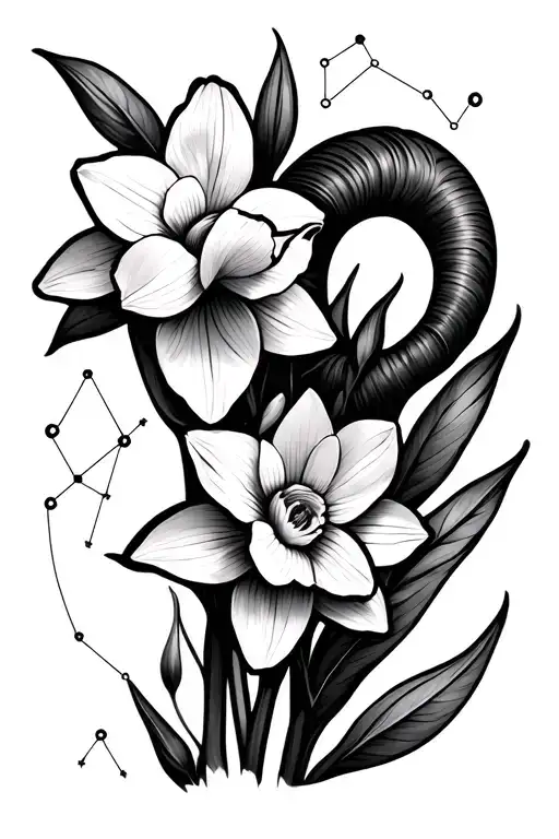 An Line Tattoo Design Featuring Daffodils And Aries Constellations