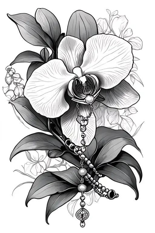 Orchid Arm Sleeve Tattoo With A Rosary Incorporated
