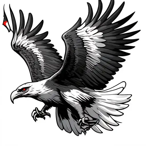 Blad Eagle Flying With Thin Flag In Claws And Red Eyes