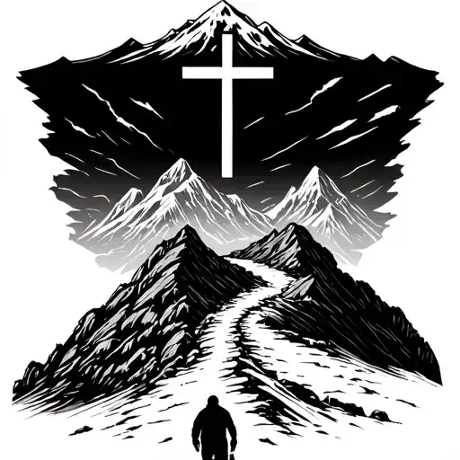 Man Walking On Path Up A Mountain With Cross At Top