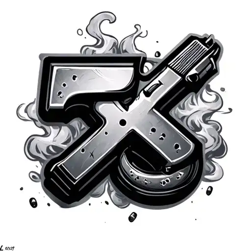 The Number 5 With Bullet Holes An Smoke Comig Out From It With A K Next To It And A Gun