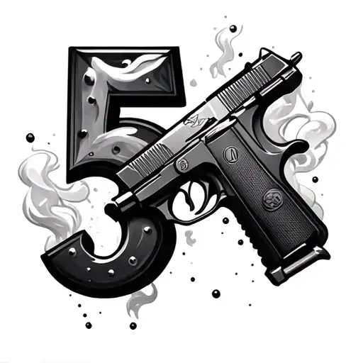 The Number 5 With Bullet Holes An Smoke Comig Out From It With A K Next To It And A Gun