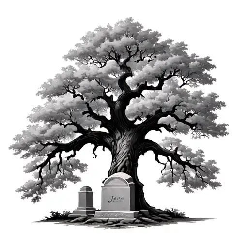 Big Oak Tree With Tomb Stone In The Middle With Name Joe On It