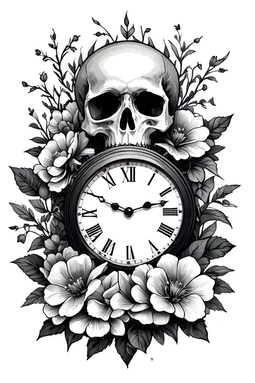 Skull And Clock And Flowers
