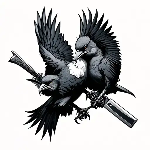 Two Birds Fighting In Neo Traditional While Holding Weapons